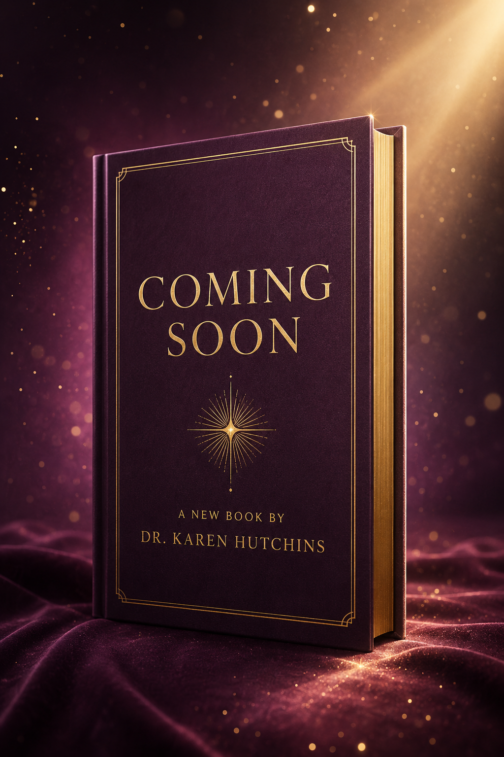 Deep plum book with gold lettering reading Coming Soon — a new book by Dr. Karen Hutchins